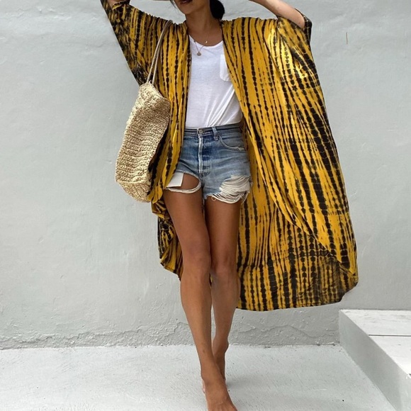 Mustard Yellow Tie Dye Boho Swim Coverup Kimono Robe - Picture 3 of 6